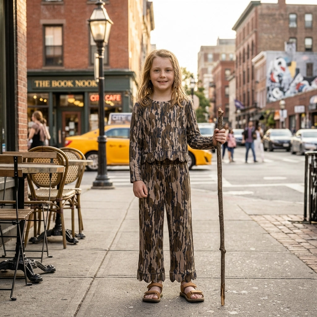 NO MOQ RTS GLP3660-scallop-bundle Baby Girl Clothes Tree Bark Camo Print Long Sleeve Scalloped Hem Outfit Set 202610