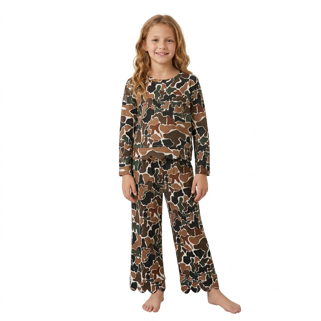 NO MOQ RTS GLP3662-scallop-bundle Baby Girl Clothes Retro Camo Print Long Sleeve Scalloped Hem Outfit Set 202610