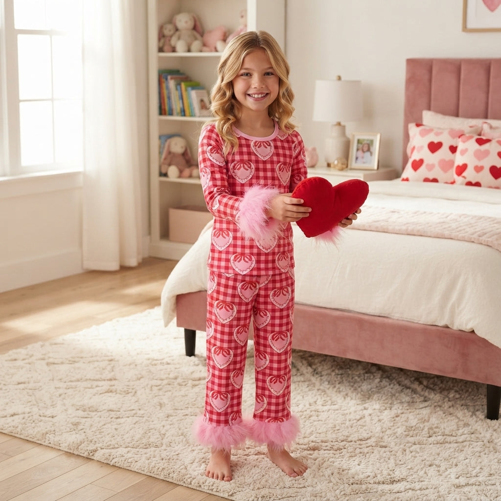 NO MOQ RTS GLP3669 (2) Baby Girl Clothes Valentines Heart Gingham Print Long Sleeve Fuzzy Cuff Top Pant Set 202609