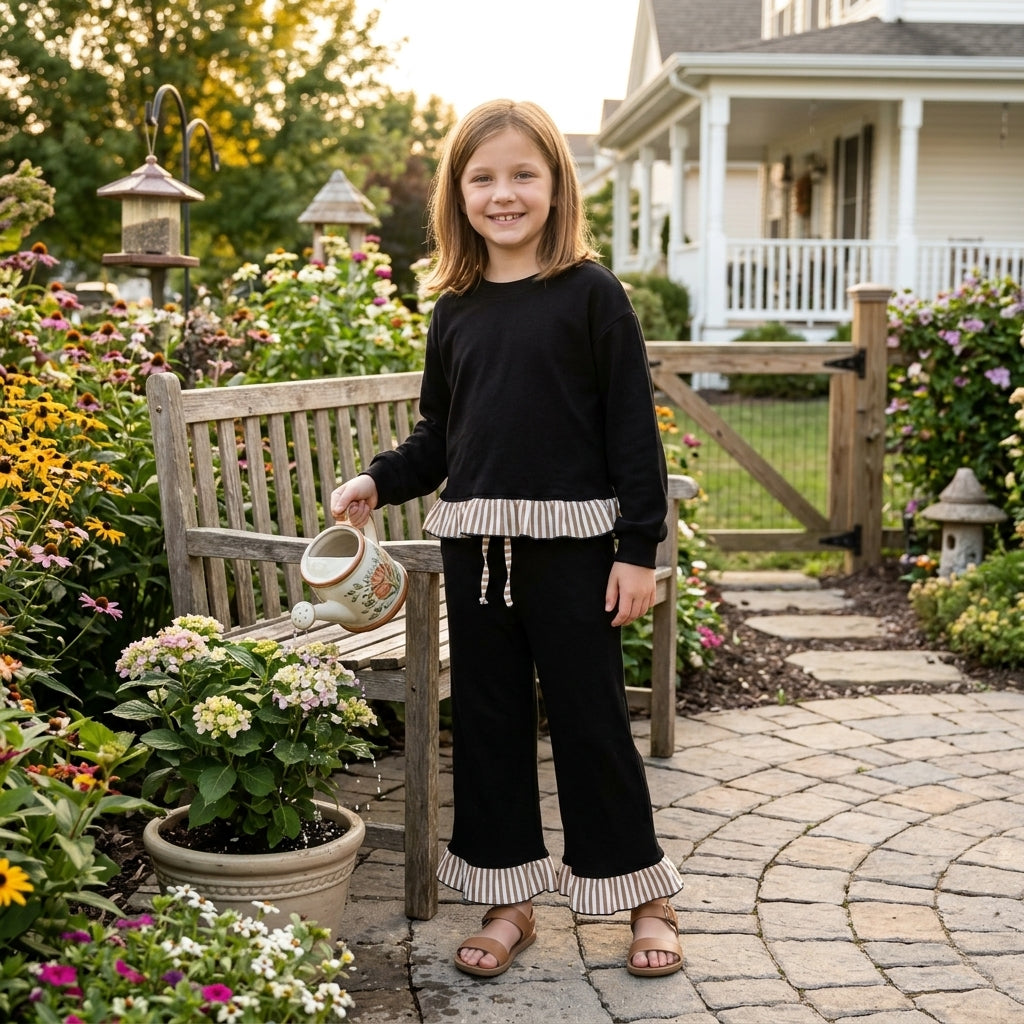 NO MOQ RTS GLP3671 Baby Girl Clothes Solid Black Striped Ruffle Trim Long Sleeve Top Flare Pant Set 202610