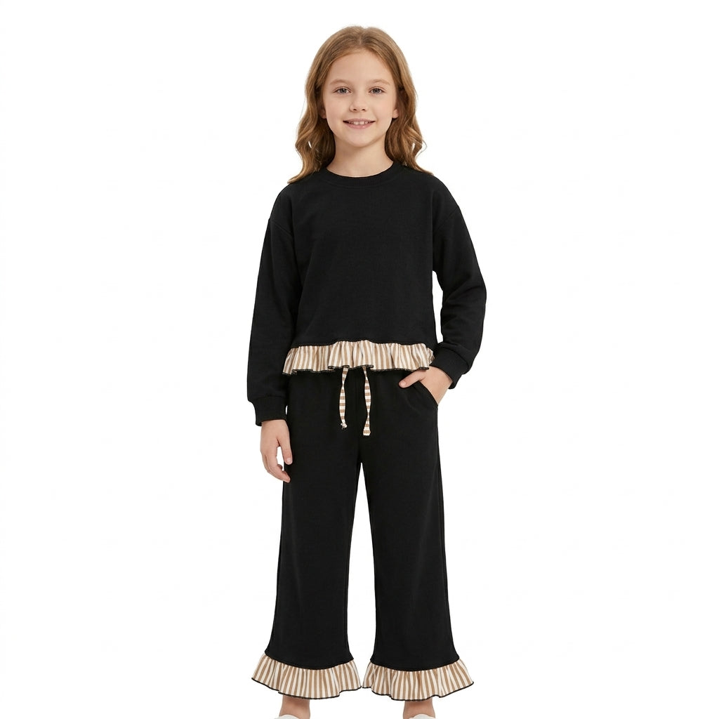 NO MOQ RTS GLP3671 Baby Girl Clothes Solid Black Striped Ruffle Trim Long Sleeve Top Flare Pant Set 202610