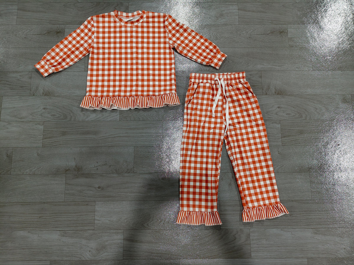 Sample-Real Pics GLP3672 Baby Girl Clothes Orange Gingham Check Print Long Sleeve Ruffle Hem Pant Set