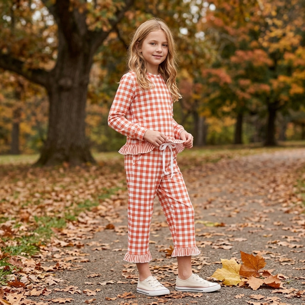 NO MOQ RTS GLP3672 Baby Girl Clothes Orange Gingham Print Long Sleeve Ruffle Top Pant Set 202610