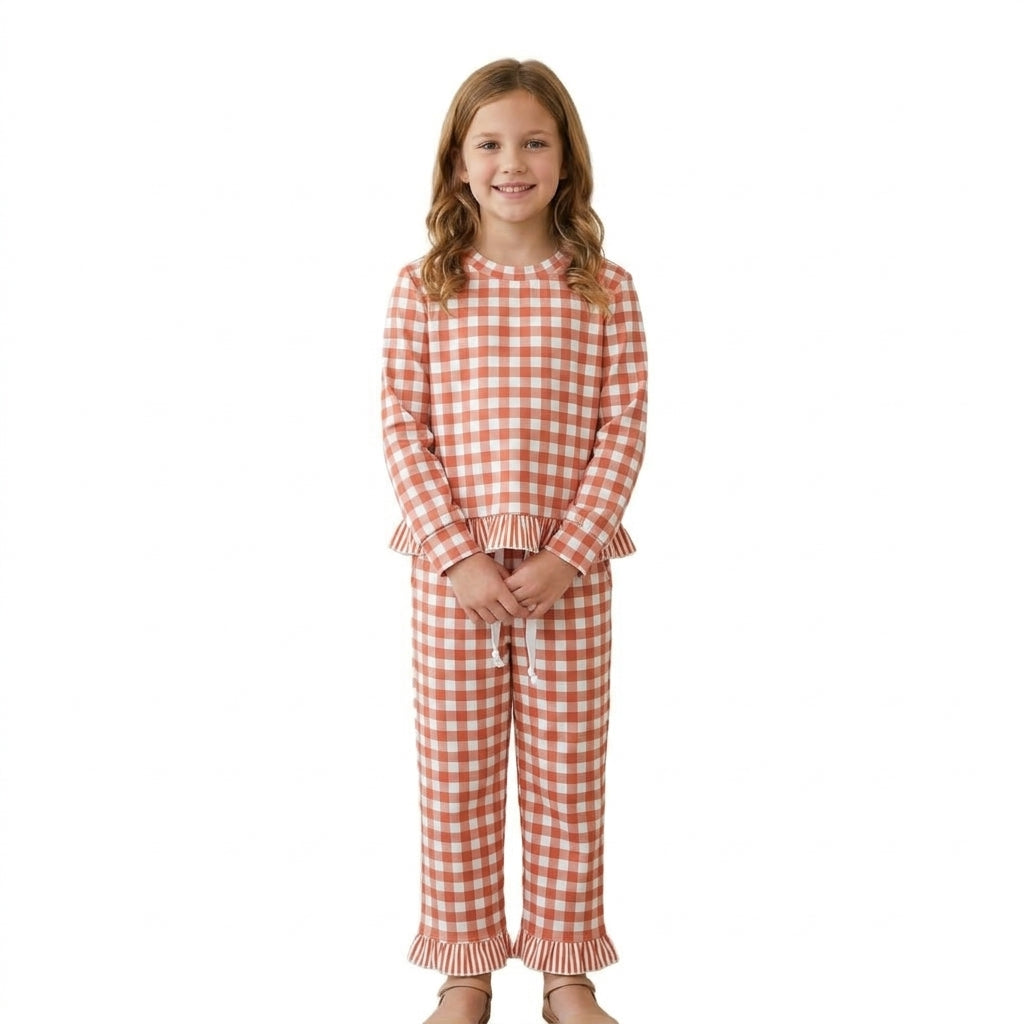 NO MOQ RTS GLP3672 Baby Girl Clothes Orange Gingham Print Long Sleeve Ruffle Top Pant Set 202610