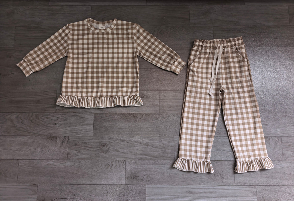 Sample-Real Pics GLP3674 Baby Girl Clothes Brown Gingham Print Long Sleeve Ruffle Top Wide Leg Pant Set
