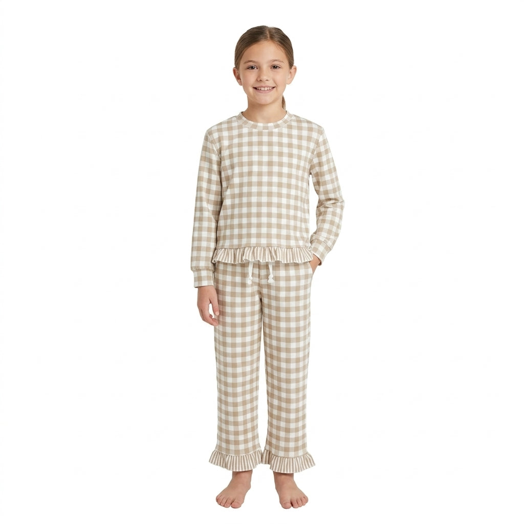 NO MOQ RTS GLP3674 Baby Girl Clothes Khaki Gingham Plaid Print Long Sleeve Ruffle Top And Pant Set 202610