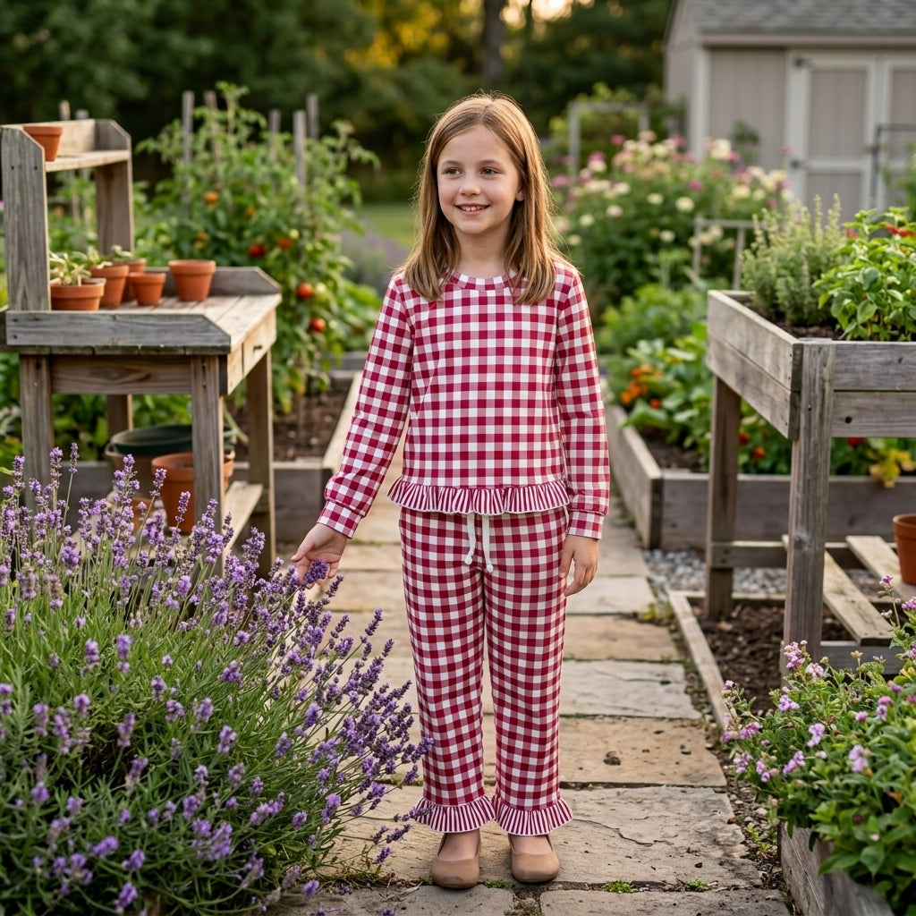 NO MOQ RTS GLP3675 Baby Girl Clothes Red Gingham Plaid Print Long Sleeve Ruffle Top And Pant Set 202610