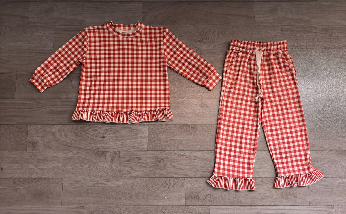 Sample-Real Pics GLP3675 Baby Girl Clothes Red Gingham Print Long Sleeve Ruffle Top Wide Leg Pant Set