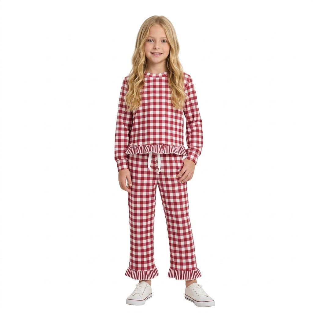 NO MOQ RTS GLP3675 Baby Girl Clothes Red Gingham Plaid Print Long Sleeve Ruffle Top And Pant Set 202610