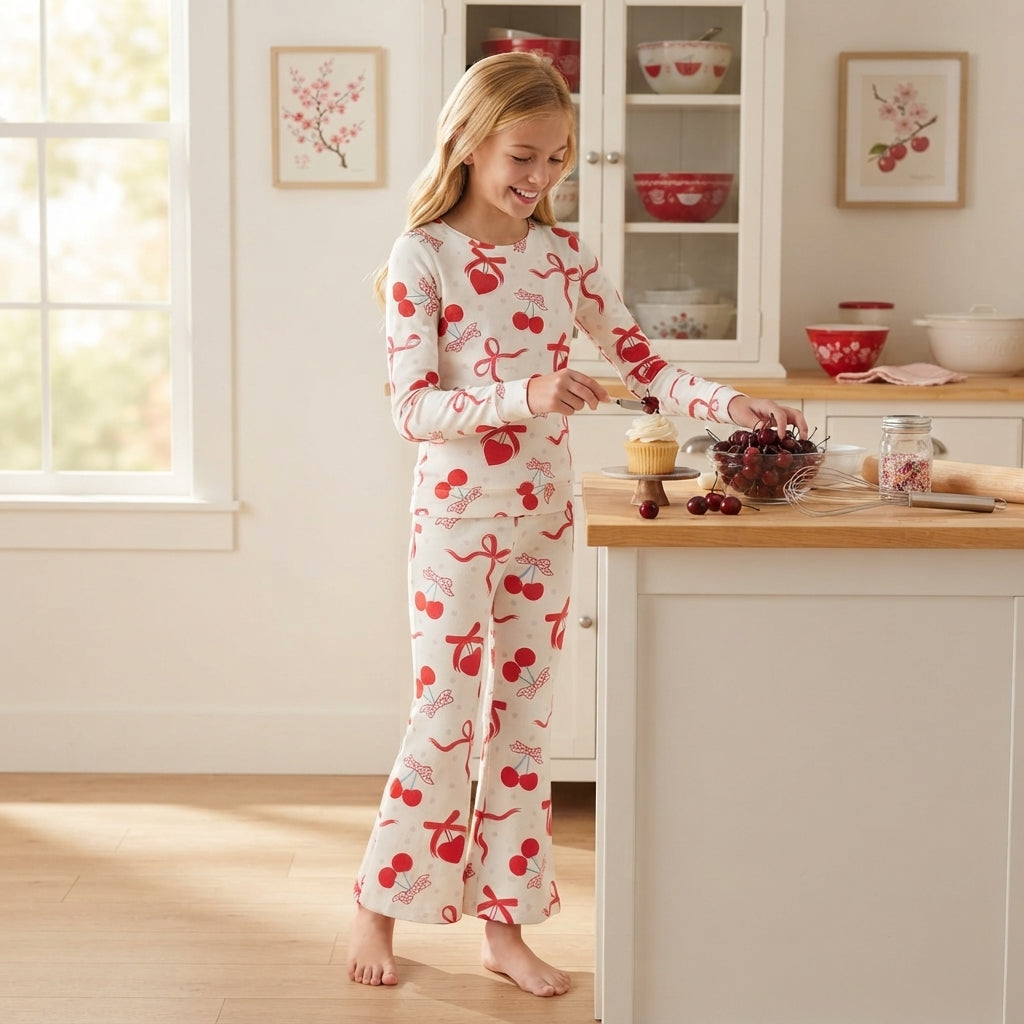 NO MOQ RTS GLP3636 Baby Girl Clothes Red Cherry Heart Bow Allover Print Long Sleeve Top Flare Pant Set 202610
