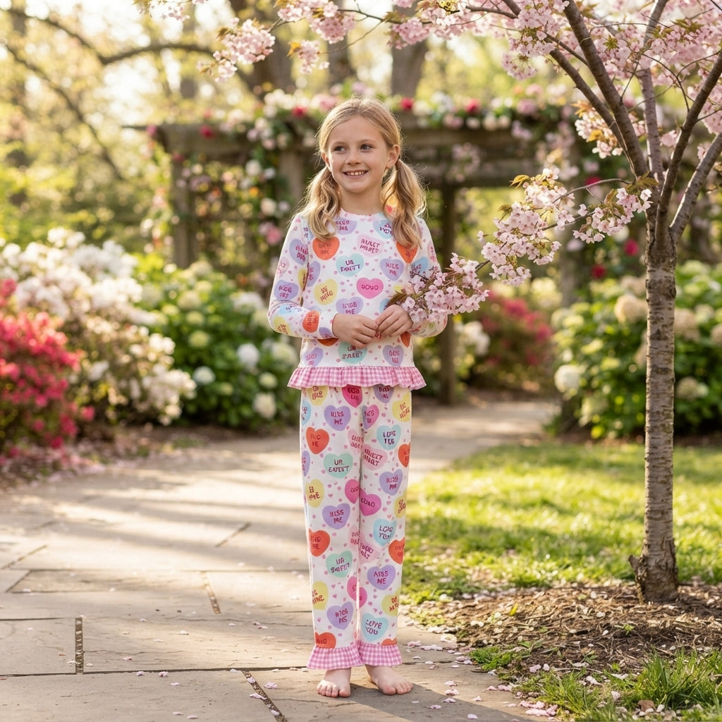 NO MOQ RTS GLP3676 Baby Girl Clothes Valentine Heart Text Allover Print Long Sleeve Ruffle Hem Pant Set 202610