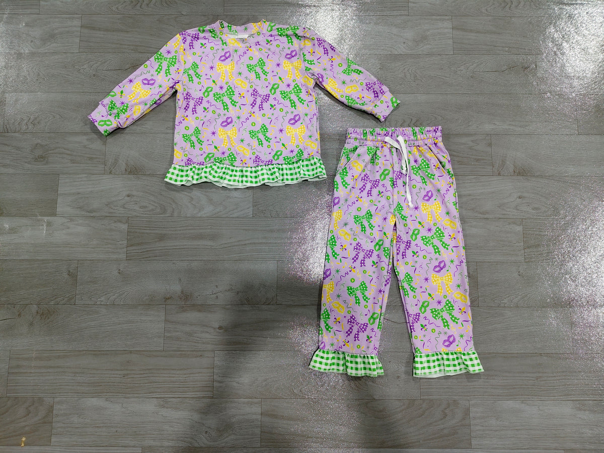 Sample-Real Pics GLP3680 Baby Girl Clothes Mardi Gras Bow Mask Mixed Print Long Sleeve Ruffle Hem Pant Set