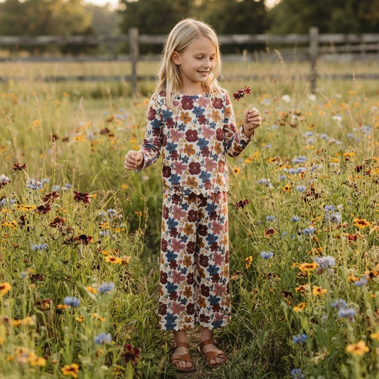 NO MOQ RTS GLP3690 Baby Girl Clothes Vintage Floral Print Long Sleeve Scalloped Top Flare Pants Set