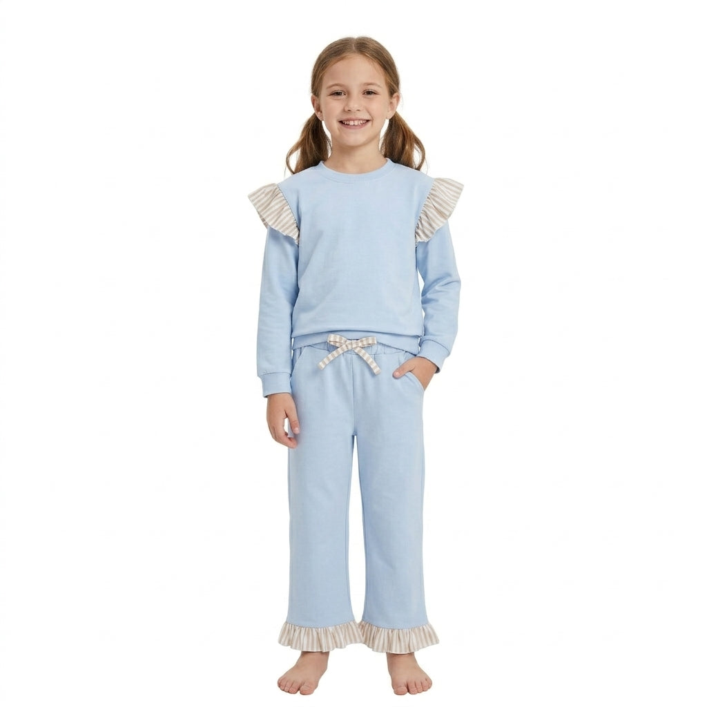 NO MOQ RTS GLP3696-bundle Baby Girl Clothes Solid Light Blue Stripe Ruffle Long Sleeve Top Pant Set 202610