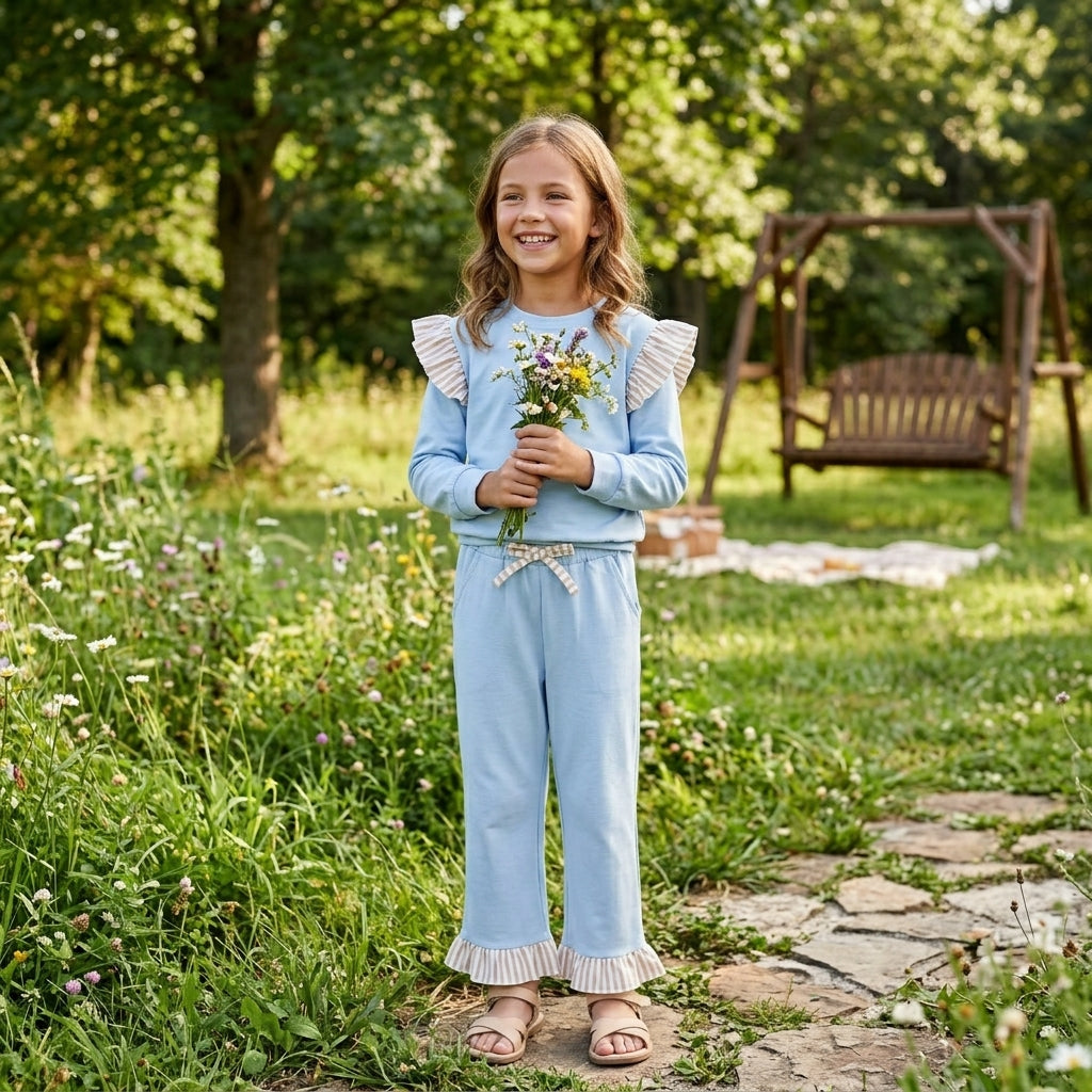 NO MOQ RTS P1152 Kids Girl Clothes Solid Light Blue Stripe Ruffle Hem Wide Leg Pants 202610