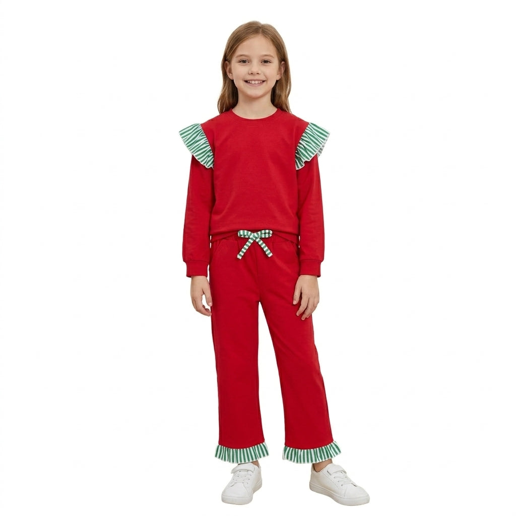 NO MOQ RTS GLP3697 Girl Clothes Solid Red Green Stripe Ruffle Plain Print Long Sleeve Top Long Pants Set 202610
