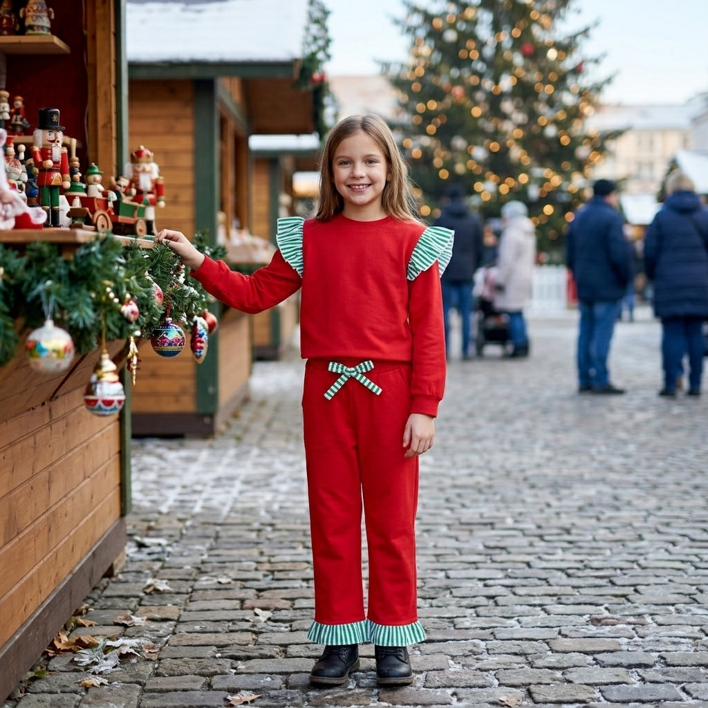 NO MOQ RTS GLP3697 Girl Clothes Solid Red Green Stripe Ruffle Plain Print Long Sleeve Top Long Pants Set 202610