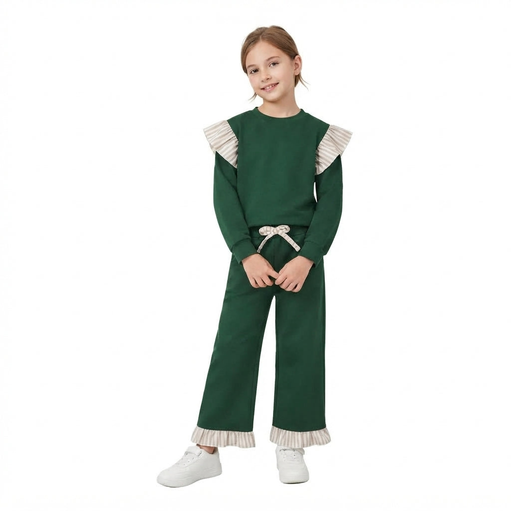 NO MOQ RTS GLP3698 Baby Girl Clothes Solid Green Stripe Ruffle Spliced Long Sleeve Top Wide Leg Pant Set 202610