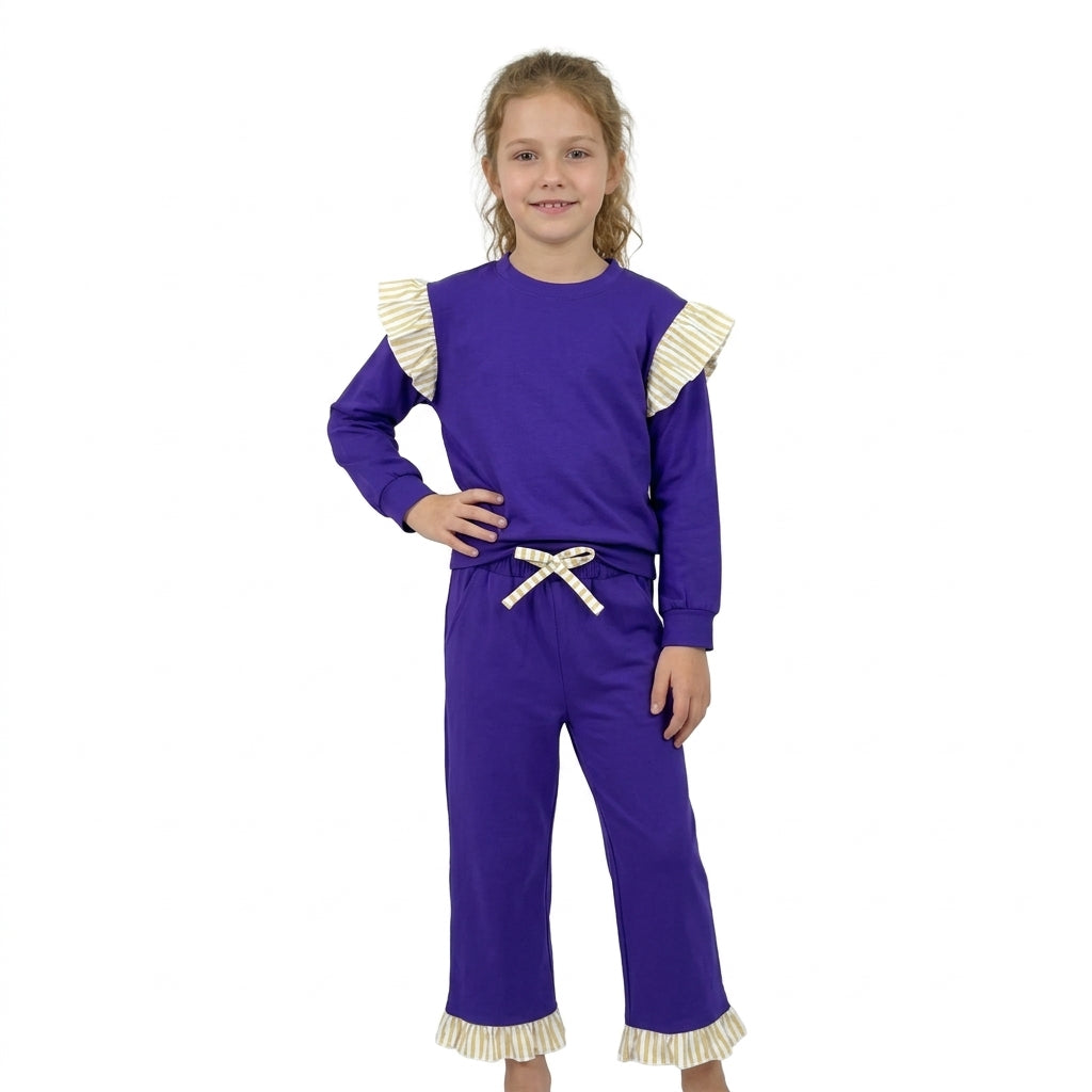 NO MOQ RTS GLP3699-bundle Baby Girl Clothes Solid Purple Striped Ruffle Accent Print Long Sleeve Top Straight Pant Set 202610