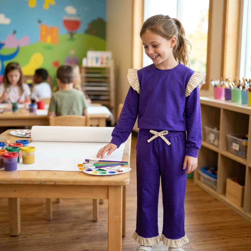 NO MOQ RTS GLP3699-bundle Baby Girl Clothes Solid Purple Striped Ruffle Accent Print Long Sleeve Top Straight Pant Set 202610