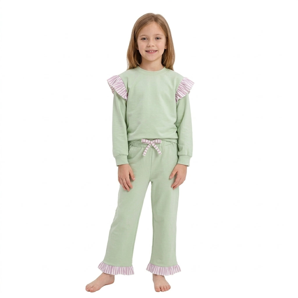 NO MOQ RTS GLP3700-bundle  Baby Girl Clothes Solid Light Green Pink Stripe Ruffle Long Sleeve Top Pant Set 202610