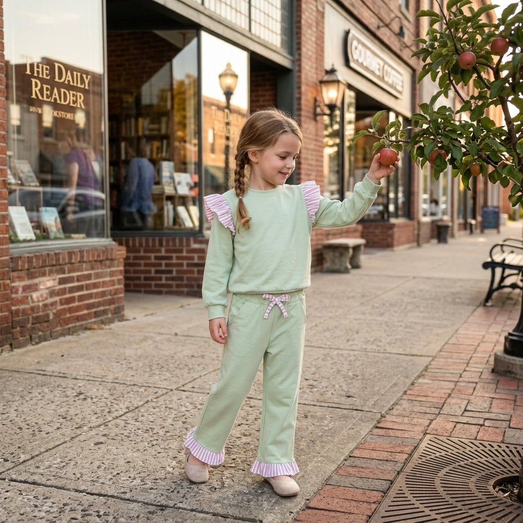 NO MOQ RTS GLP3700-bundle  Baby Girl Clothes Solid Light Green Pink Stripe Ruffle Long Sleeve Top Pant Set 202610