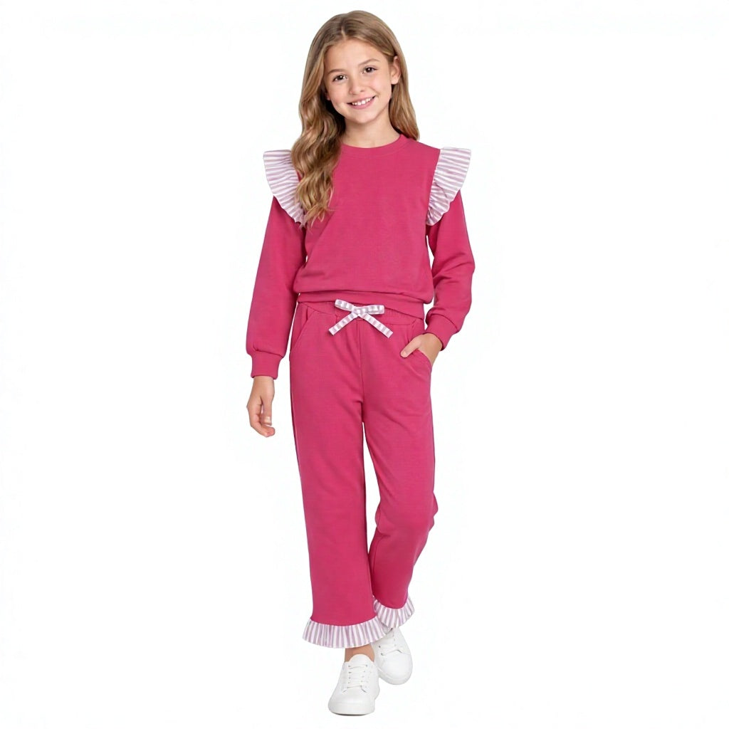 NO MOQ RTS GLP3701-bundle Baby Girl Clothes Solid Hot Pink Stripe Ruffle Accent Long Sleeve Top Wide Leg Pant Set 202610