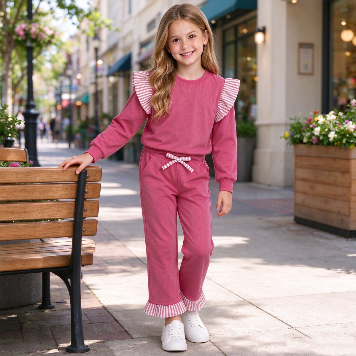 NO MOQ RTS P1157 Baby Girl Clothes Hot Pink Solid Stripe Ruffle Cuff Casual Pants 202610