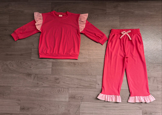 Sample-Real Pics GLP3701 Baby Girl Clothes Stripe Ruffle Trim Solid Plain Print Long Sleeve Flare Pant Set