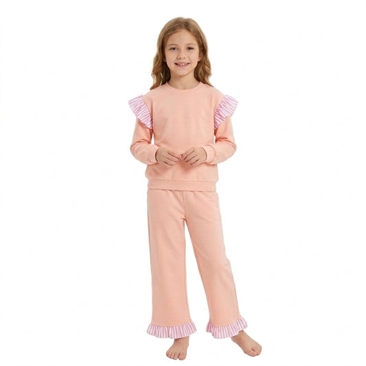 NO MOQ RTS GT1849 Baby Girl Clothes Solid Pink Stripe Ruffle Decor Plain Print Long Sleeve Top 202610