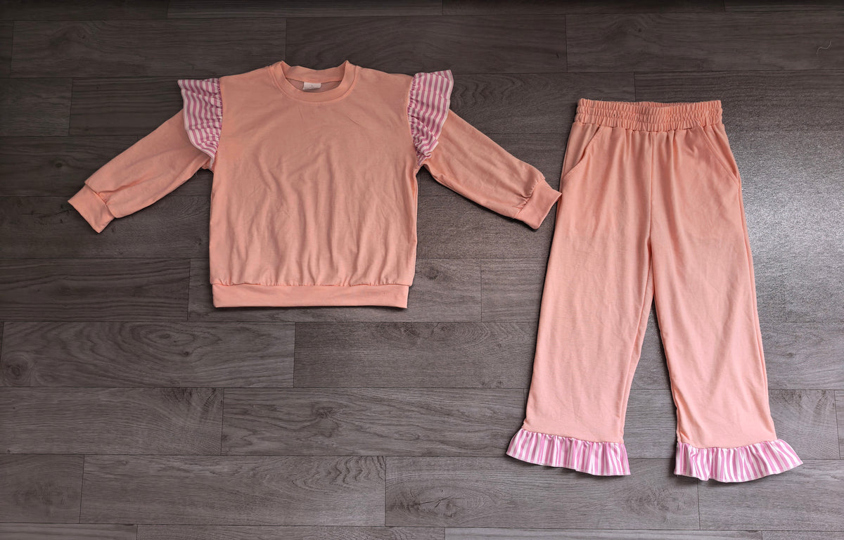 Sample-Real Pics GLP3702 Baby Girl Clothes Stripe Ruffle Trim Solid Plain Print Long Sleeve Flare Pant Set