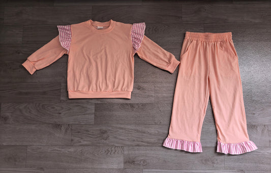 Sample-Real Pics GLP3702 Baby Girl Clothes Stripe Ruffle Trim Solid Plain Print Long Sleeve Flare Pant Set