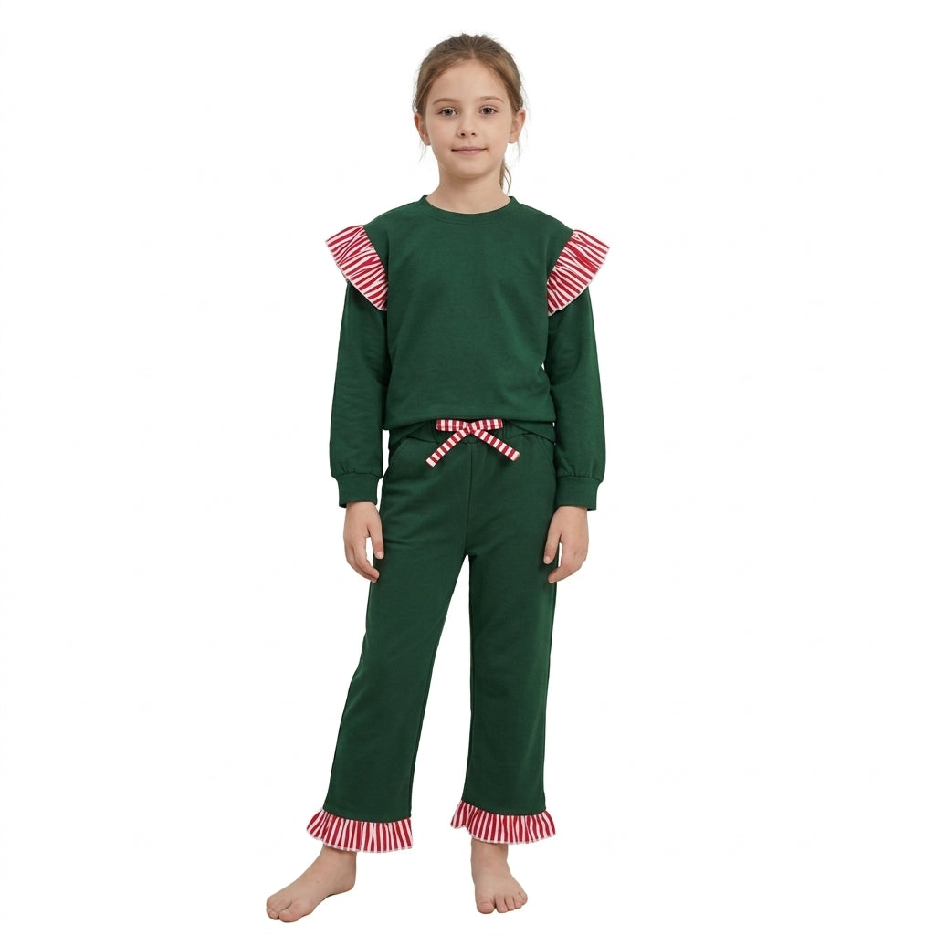 NO MOQ RTS GLP3703-bundle Baby Girl Clothes Solid Dark Green Red White Stripe Ruffle Long Sleeve Top Wide Leg Pant Set 202610