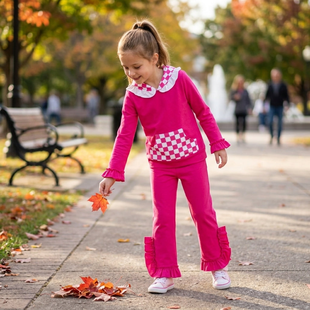 NO MOQ RTS GT1851 Baby Girl Clothes Pink Checker Ruffle Print Long Sleeve Hood Top 202610