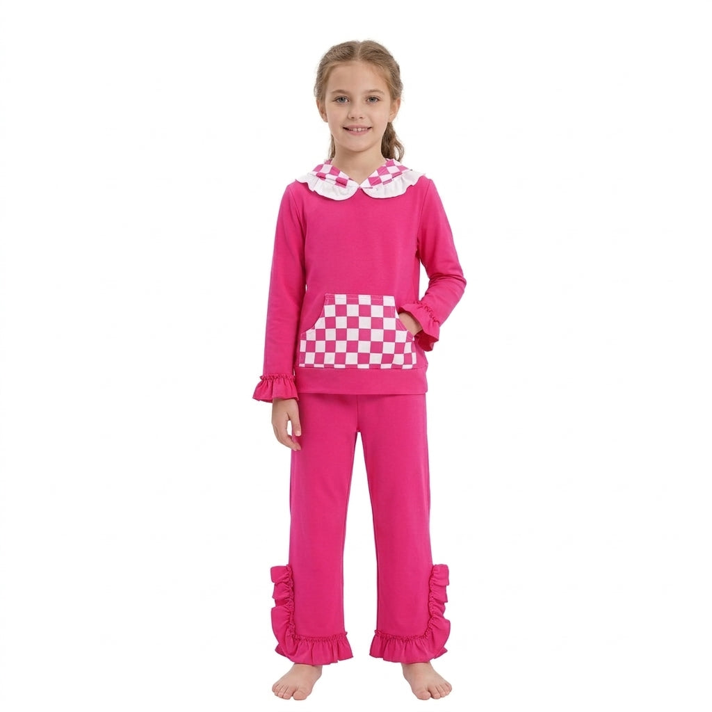 NO MOQ RTS GT1851 Baby Girl Clothes Pink Checker Ruffle Print Long Sleeve Hood Top 202610