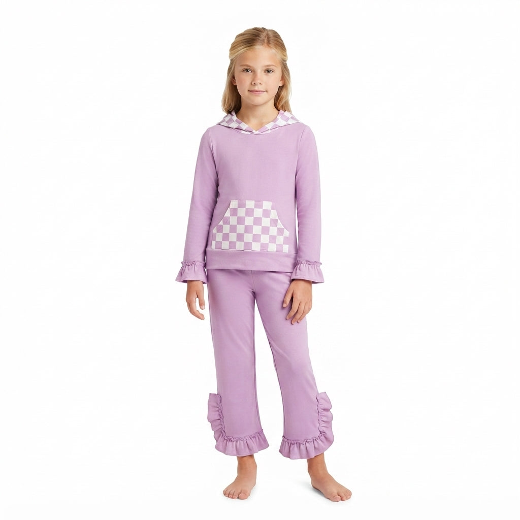 NO MOQ RTS GLP3710 Baby Girl Clothes Purple Checker Patchwork Plain Print Long Sleeve Hoodie Ruffle Pant Set 202610