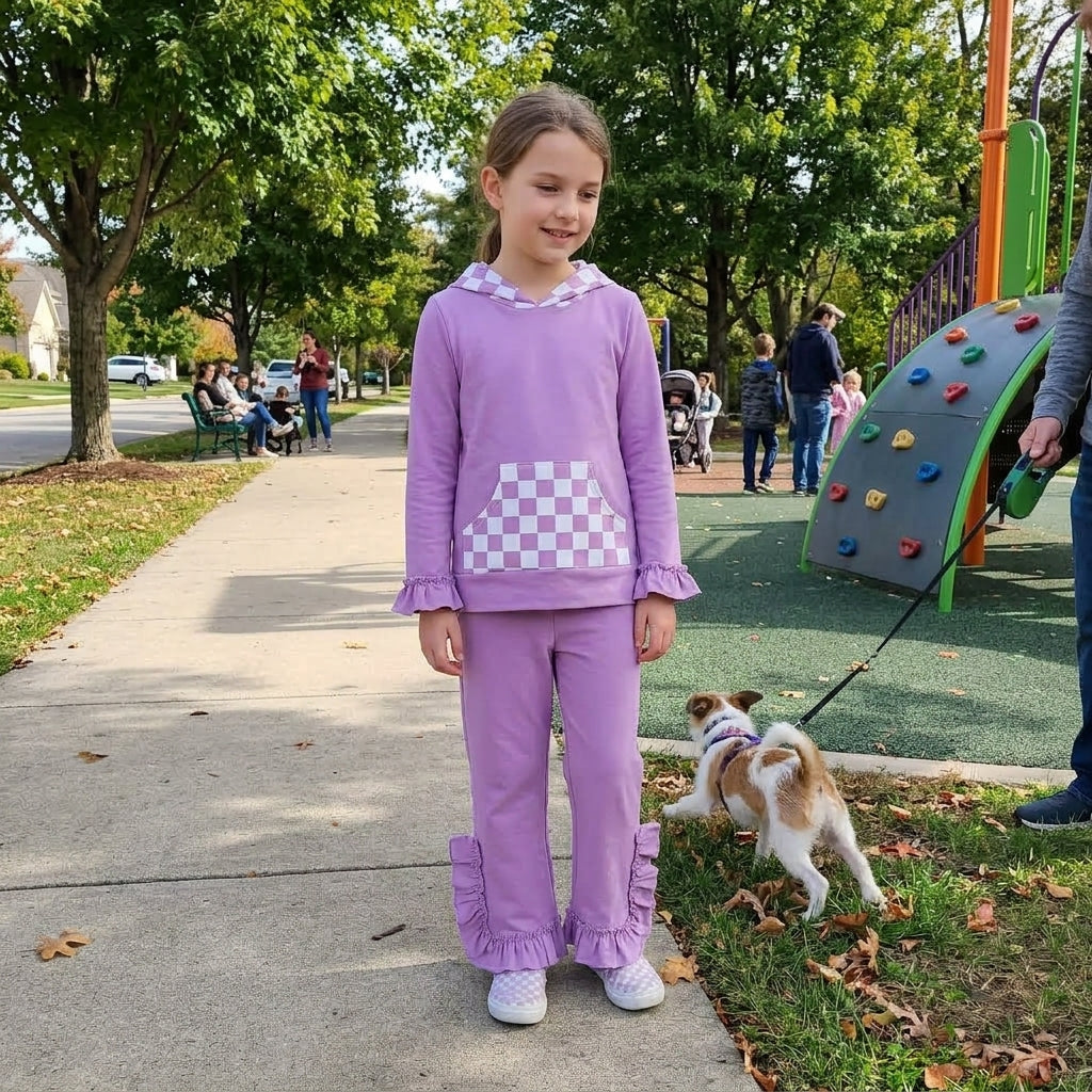 NO MOQ RTS GLP3710 Baby Girl Clothes Purple Checker Patchwork Plain Print Long Sleeve Hoodie Ruffle Pant Set 202610
