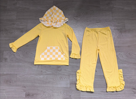 Sample-Real Pics GLP3711 Baby Girl Clothes Yellow Checker Splice Solid Print Long Sleeve Hooded Pant Set