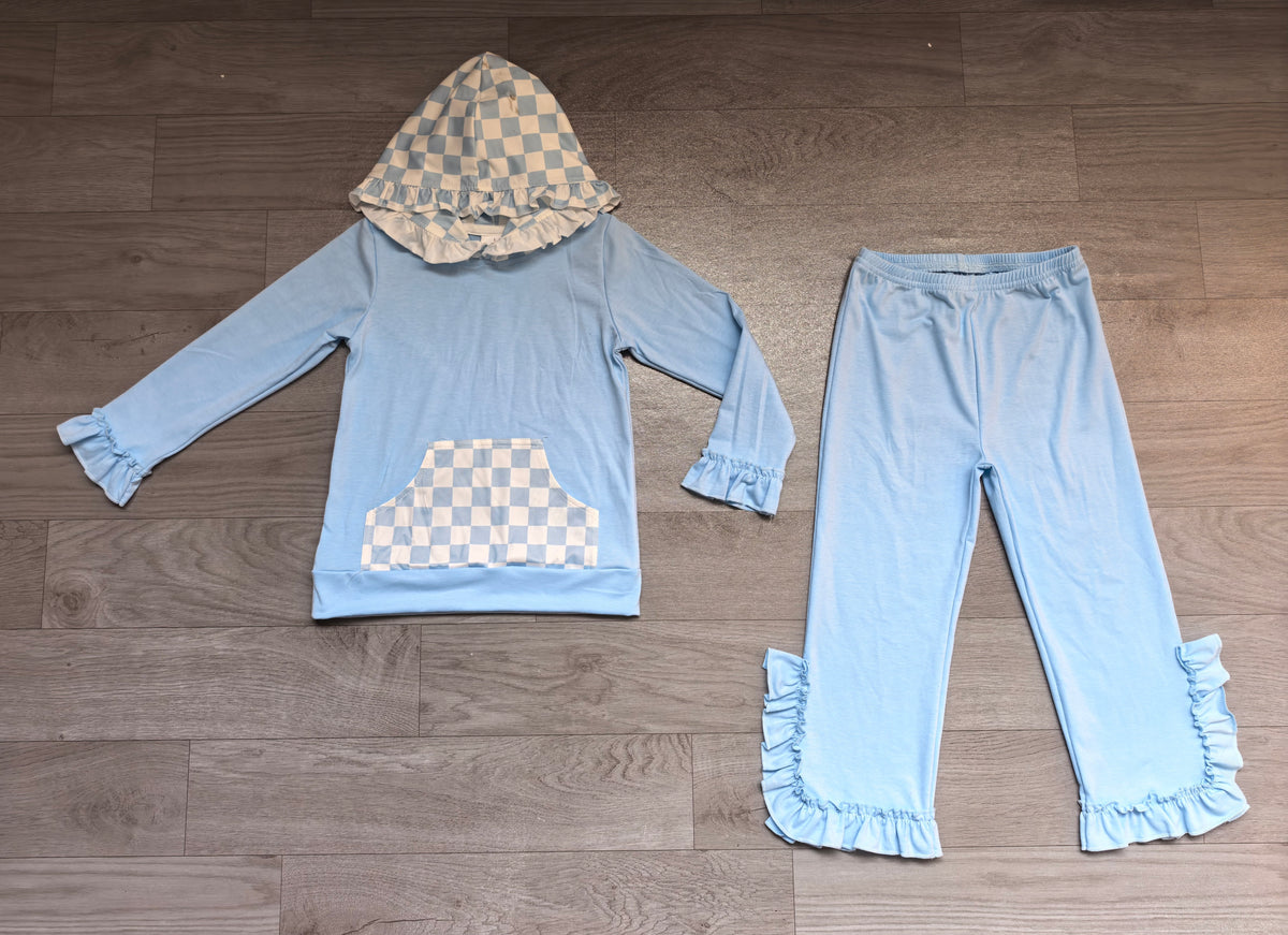 Sample-Real Pics GLP3713 Baby Girl Clothes Blue Checker Mixed Print Long Sleeve Hooded Ruffle Pant Set