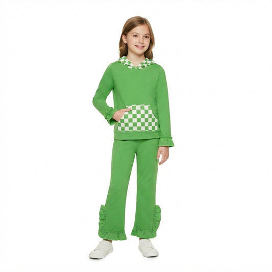 NO MOQ RTS GLP3714 Baby Girl Clothes Green Checker Print Long Sleeve Hooded Top Ruffle Flare Pant Set 202609
