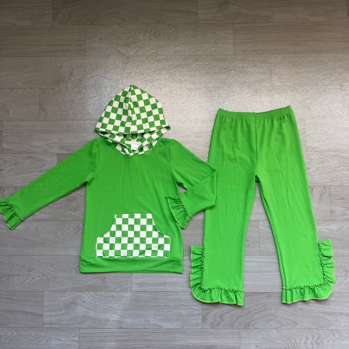 Sample-Real Pics GLP3714 Baby Girl Clothes Checkerboard Print Long Sleeve Hooded Top Ruffle Flare Pants Set