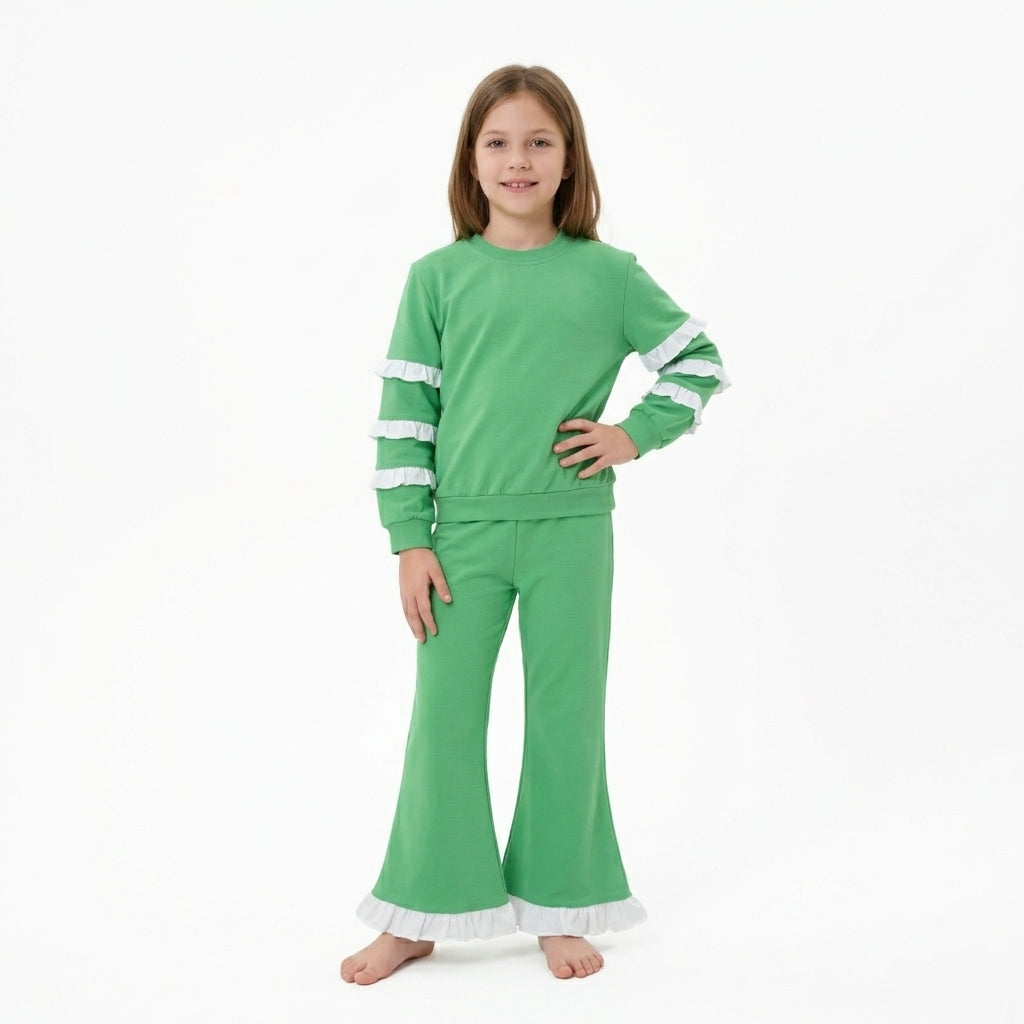 NO MOQ RTS GLP3717-bundle Baby Girl Clothes Solid Green White Ruffle Trim Long Sleeve Top Flare Pant Set 202610