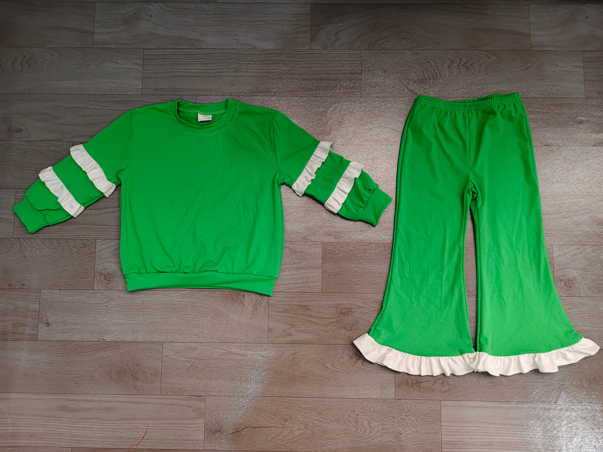 Sample-Real Pics GLP3717 Baby Girl Clothes Green Ribbon Clover Bow Print Long Sleeve Ruffle Hood Zip Jacket