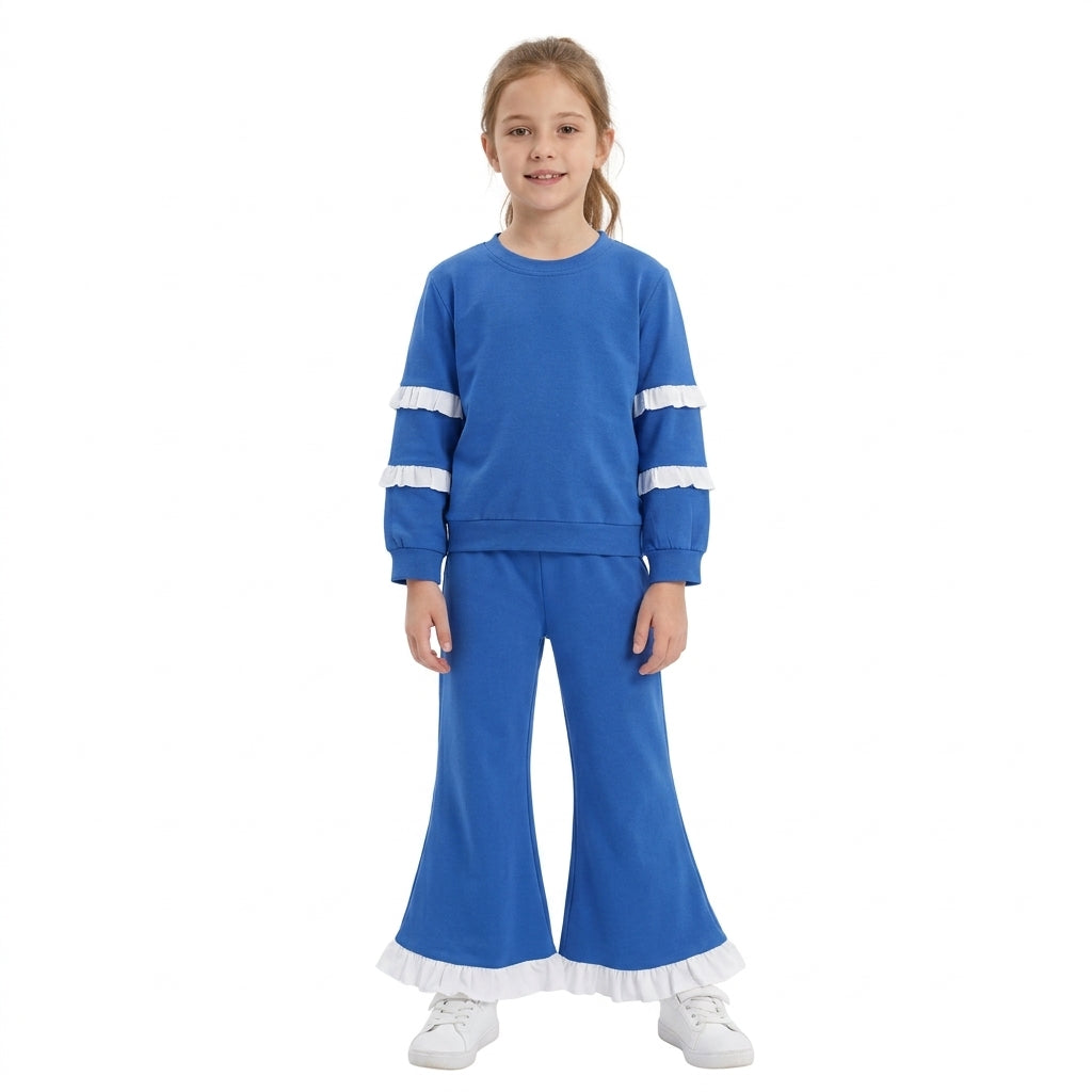NO MOQ RTS GLP3719-bundle Baby Girl Clothes Solid Blue Ruffle Sleeve Long Sleeve Flare Pant Set 202610