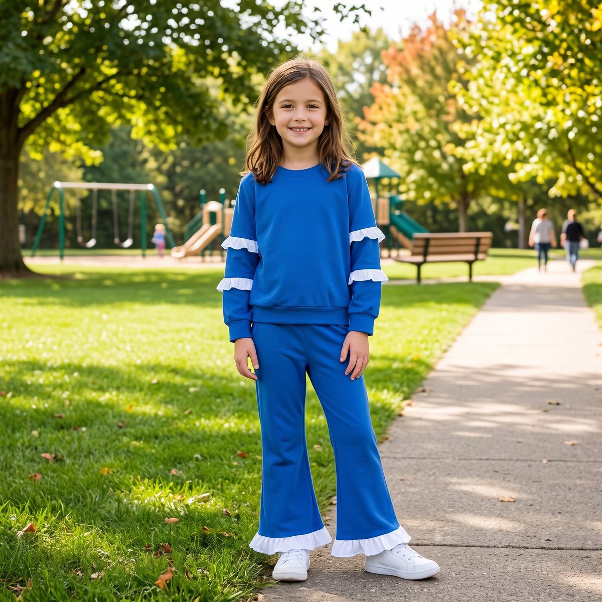 NO MOQ RTS GLP3719-bundle Baby Girl Clothes Solid Blue Ruffle Sleeve Long Sleeve Flare Pant Set 202610