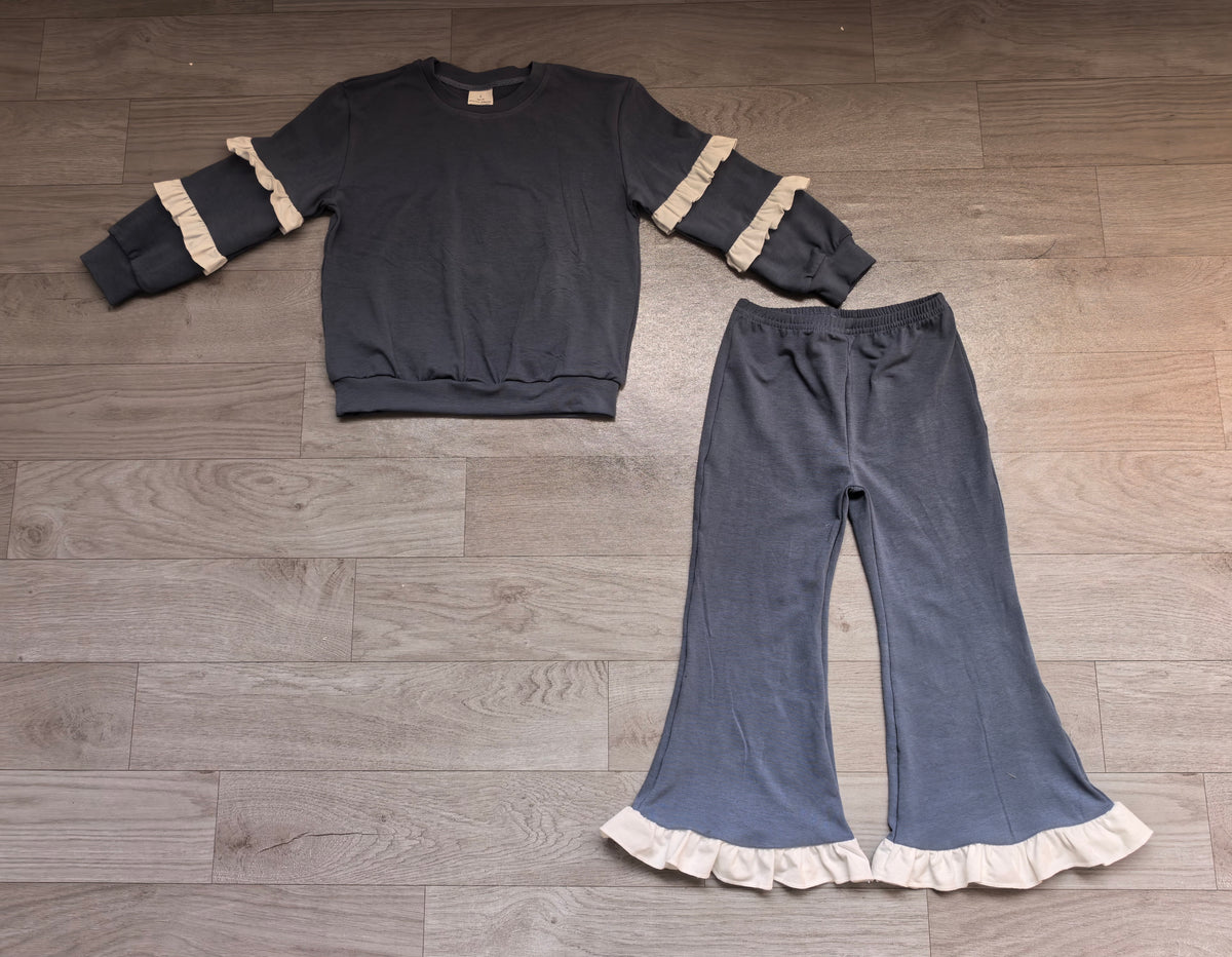 Sample-Real Pics GLP3720 Baby Girl Clothes Solid Color Contrast Ruffle Print Long Sleeve Flare Pant Set