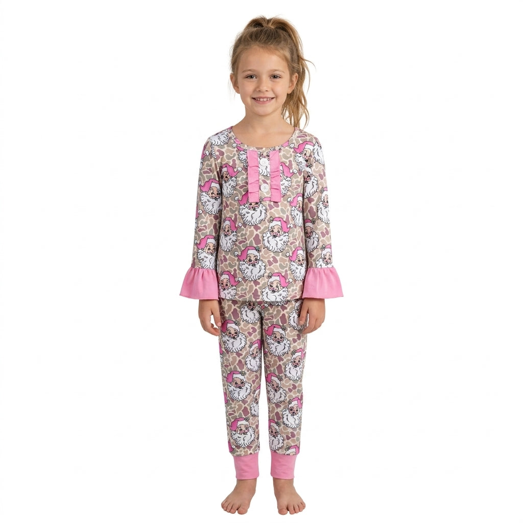 NO MOQ RTS GLP3734 Baby Girl Clothes Christmas Santa Camo Cartoon Print Long Sleeve Ruffle Cuff Pajama Set 202610