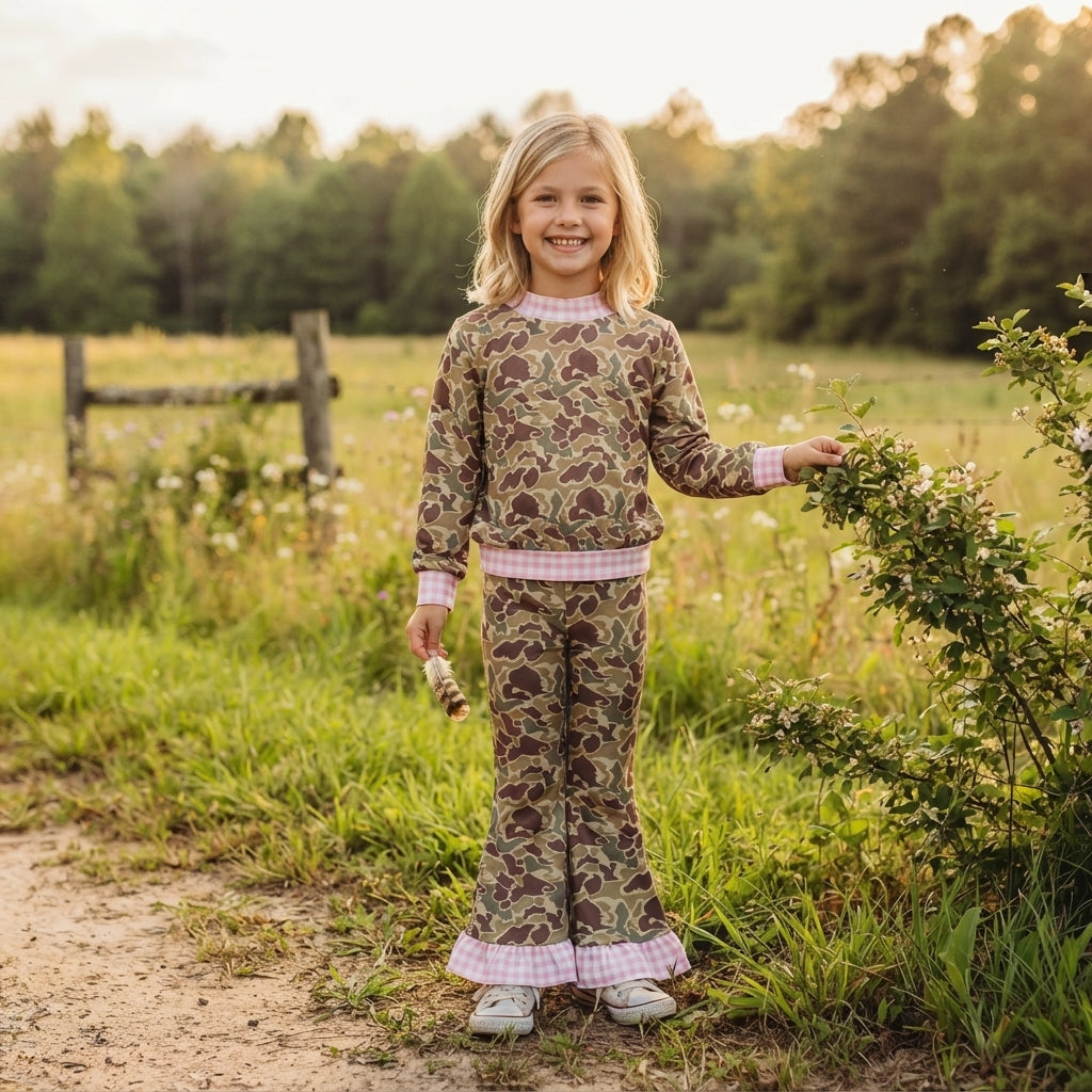 NO MOQ RTS GLP3735-bundle (2) Baby Girl Clothes Camo Pink Gingham Spliced Print Long Sleeve Top Flare Pant Set 202609