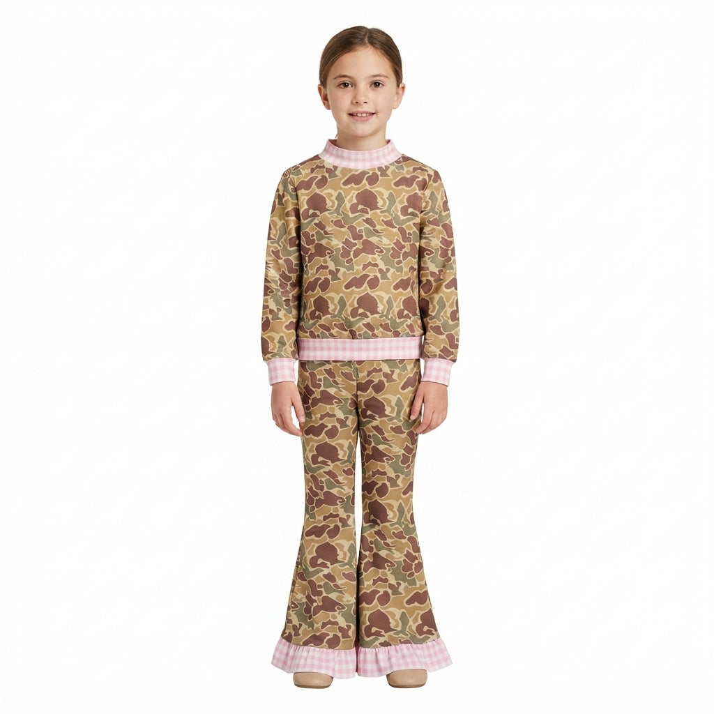 NO MOQ RTS P1183 Baby Girl Clothes Retro Camo Allover Print Pink Gingham Ruffle Flare Pants 202609