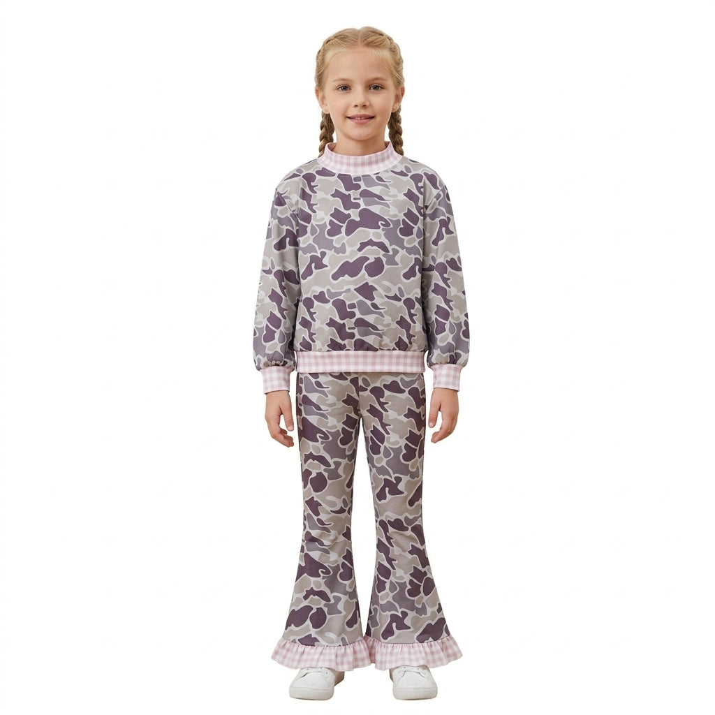 NO MOQ RTS GLP3736-bundle (2) Baby Girl Clothes Purple Camo Gingham Trim Long Sleeve Flare Pant Set 202610